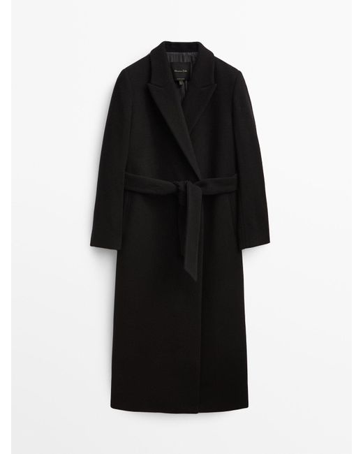 MASSIMO DUTTI Black Long Wool Blend Robe Coat