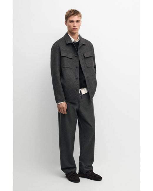 MASSIMO DUTTI Black Wool Blend Overshirt With Pocket Detail for men