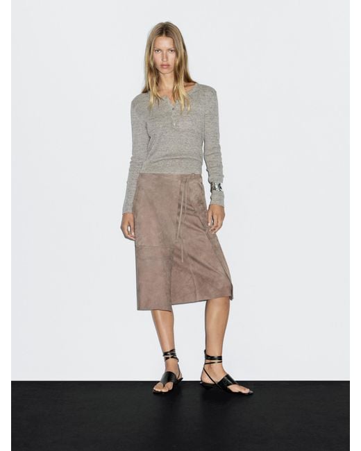 MASSIMO DUTTI White Suede Leather Wrap Midi Skirt