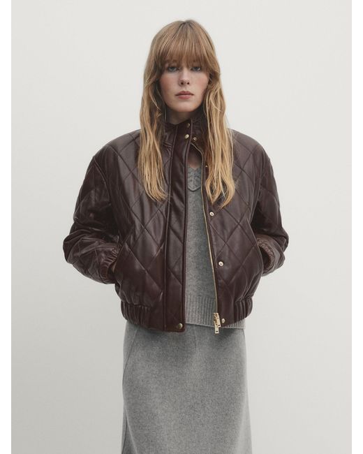 MASSIMO DUTTI Quilted Nappa Leather Bomber Jacket in Brown Lyst
