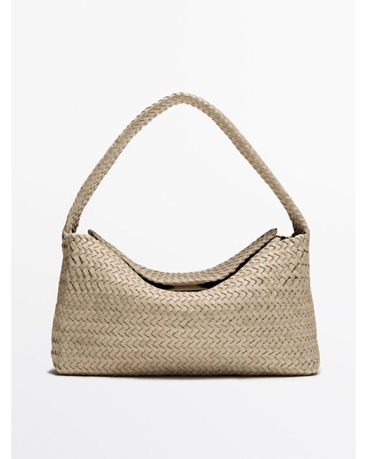 MASSIMO DUTTI Natural Nappa Leather Woven Croissant Bag