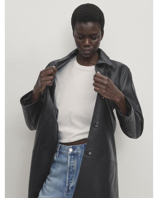 MASSIMO DUTTI Black Long Straight Fit Nappa Leather Coat