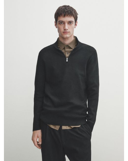 MASSIMO DUTTI Black Mock Neck Knit Sweater With A Zip for men