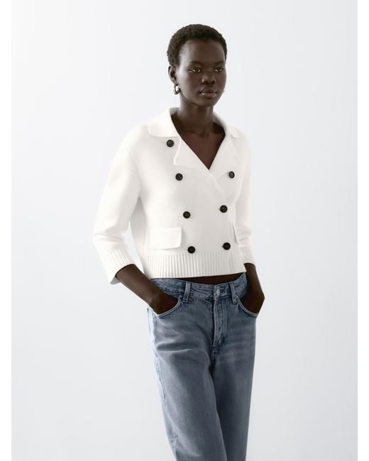 MASSIMO DUTTI White Double-Breasted Milano Knit Cardigan