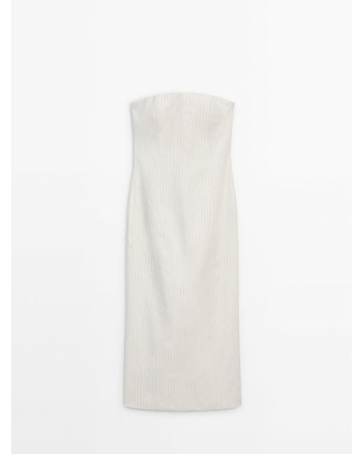 MASSIMO DUTTI White Strapless Pinstripe Dress