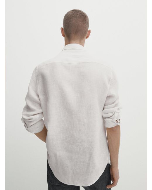 MASSIMO DUTTI White Regular-Fit Striped 100% Linen Shirt for men