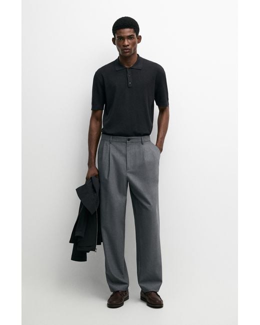 MASSIMO DUTTI Black 100% Cotton Button-Collar Polo Shirt for men