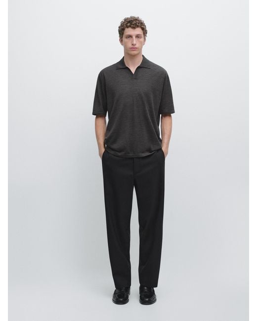 MASSIMO DUTTI Black Knit V-Neck Polo Shirt for men