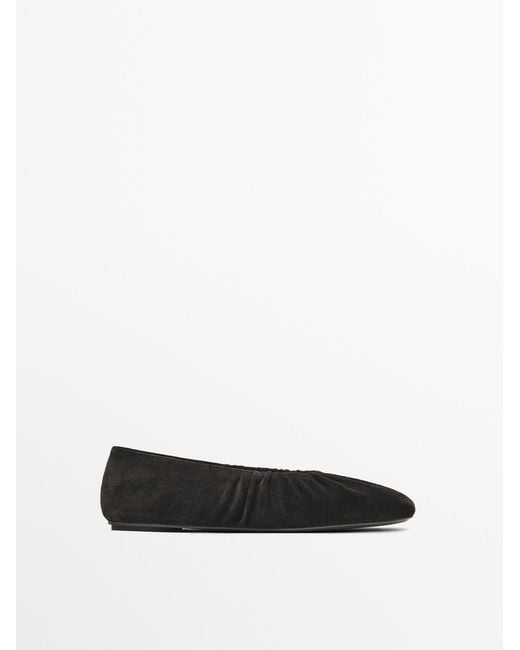 MASSIMO DUTTI White Gathered Split Leather Ballet Flats