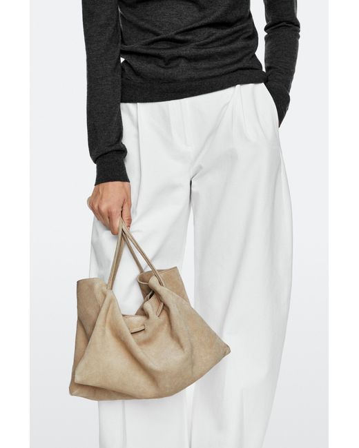 MASSIMO DUTTI Natural Ruched Split Suede Leather Bag