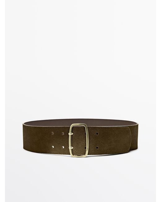 MASSIMO DUTTI Natural Split Suede Leather Belt With Rectangular Buckle