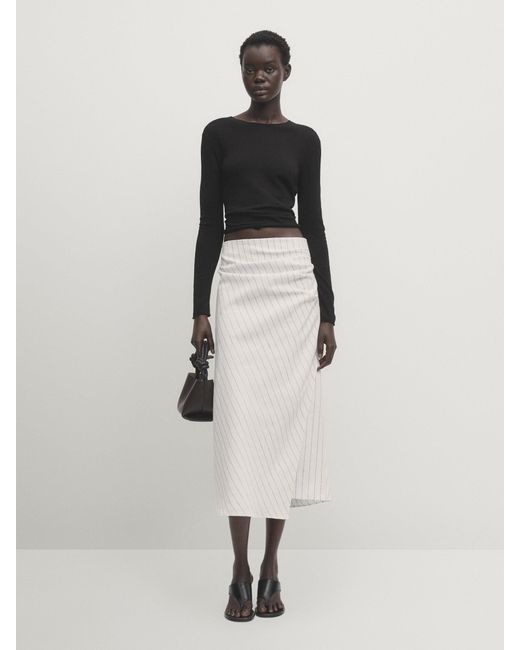 MASSIMO DUTTI White Striped Midi Skirt With Pleat Detail