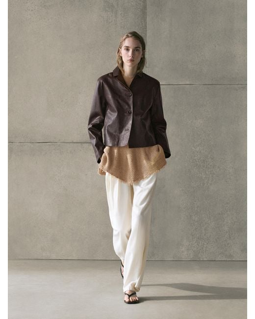 MASSIMO DUTTI Gray Cropped Nappa Leather Jacket