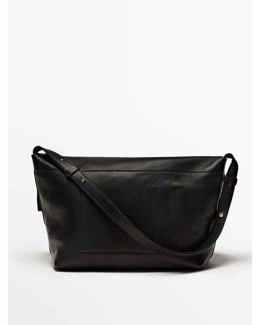 MASSIMO DUTTI Black Nappa Leather Shoulder Bag With Flap