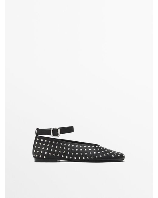 MASSIMO DUTTI White Studded Ballet Flats With Ankle Strap