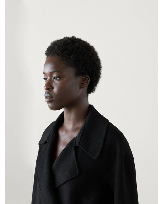MASSIMO DUTTI Black Loose-Fitting Wool Blend Cropped Trench Coat