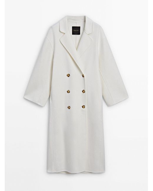 MASSIMO DUTTI White Long Wool Blend Double-Breasted Coat