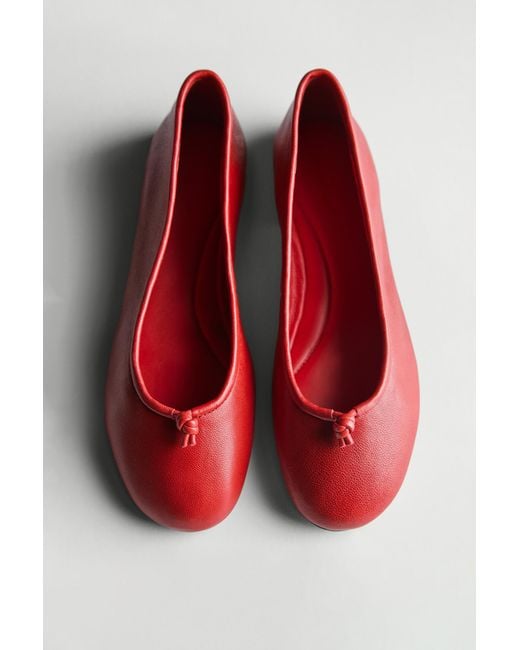 MASSIMO DUTTI Red Leather Ballet Flats With Knot