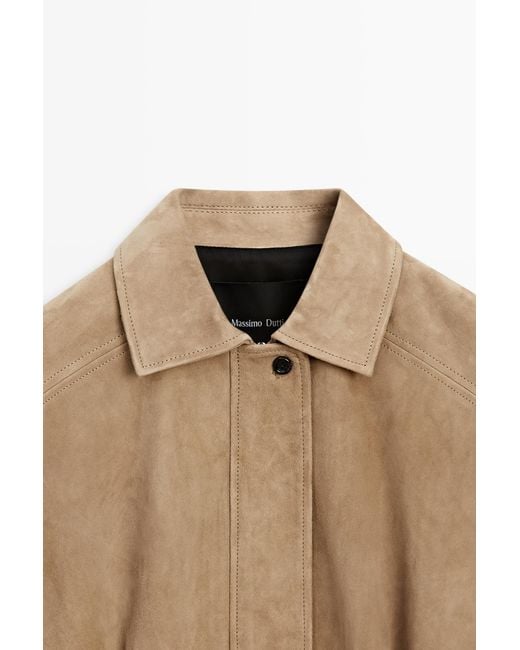 MASSIMO DUTTI Natural Suede Leather Pleated Bomber Jacket