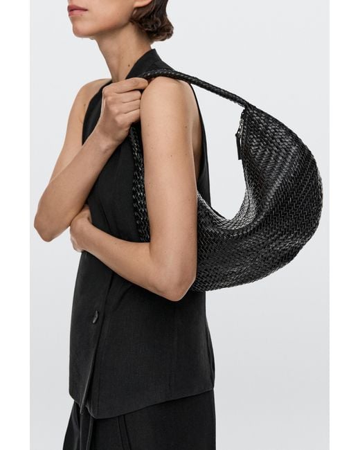 MASSIMO DUTTI Black Braided Leather Half-Moon Bag