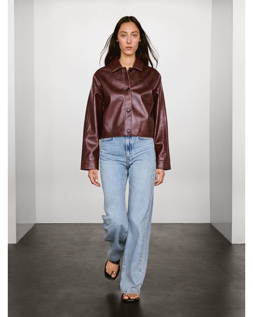 MASSIMO DUTTI Red Short Shiny Nappa Leather Jacket