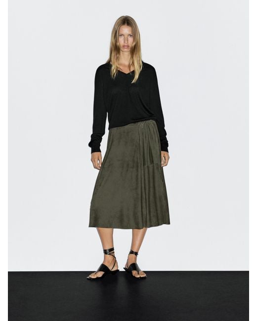 MASSIMO DUTTI White Suede Leather Skirt With Gathered Detail