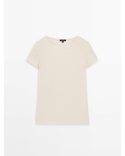 MASSIMO DUTTI White Short Sleeve T-Shirt With Ribbed Detail