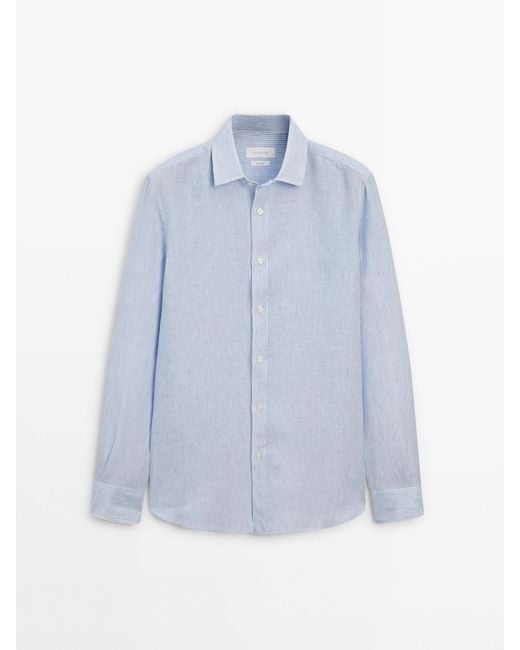 MASSIMO DUTTI Blue Regular-Fit Striped 100% Linen Shirt for men