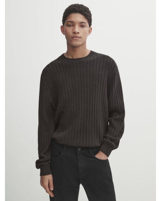 MASSIMO DUTTI Black Ribbed Cotton Blend Knit Sweater for men