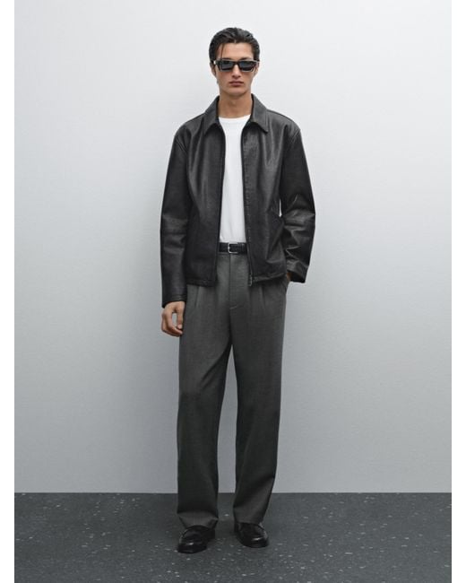 MASSIMO DUTTI Black Crackled Nappa Leather Jacket for men