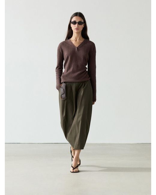 MASSIMO DUTTI Brown Linen Knit Sweater With Button Details