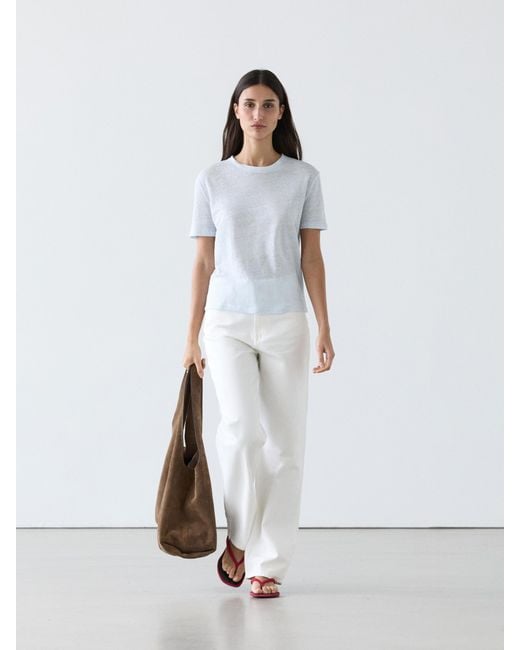 MASSIMO DUTTI White 100% Linen Short Sleeve T-Shirt