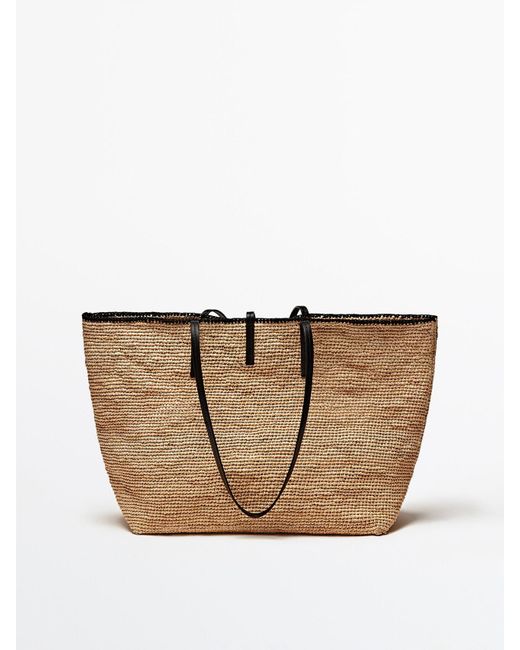MASSIMO DUTTI Raffia Tote Bag With Leather Handles in Natural | Lyst
