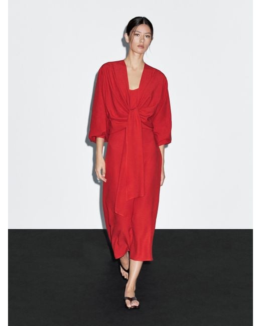 MASSIMO DUTTI Red Midi Dress With Knotted Neckline