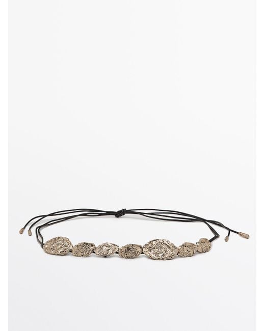 MASSIMO DUTTI Metallic Leather Cord Rhinestone Stone Belt