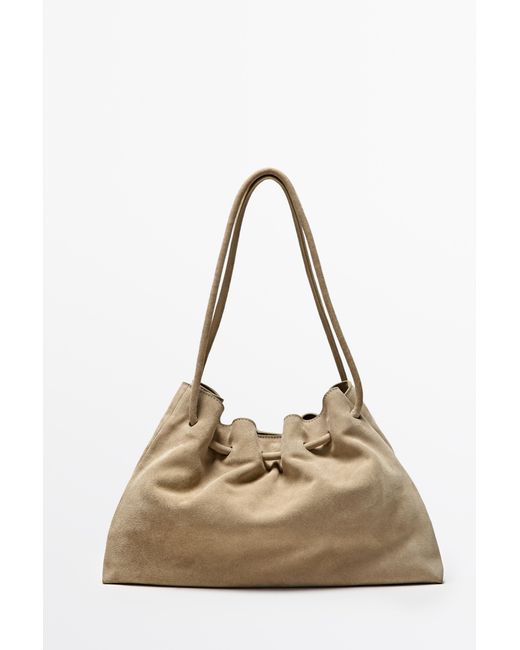 MASSIMO DUTTI Natural Ruched Split Suede Leather Bag