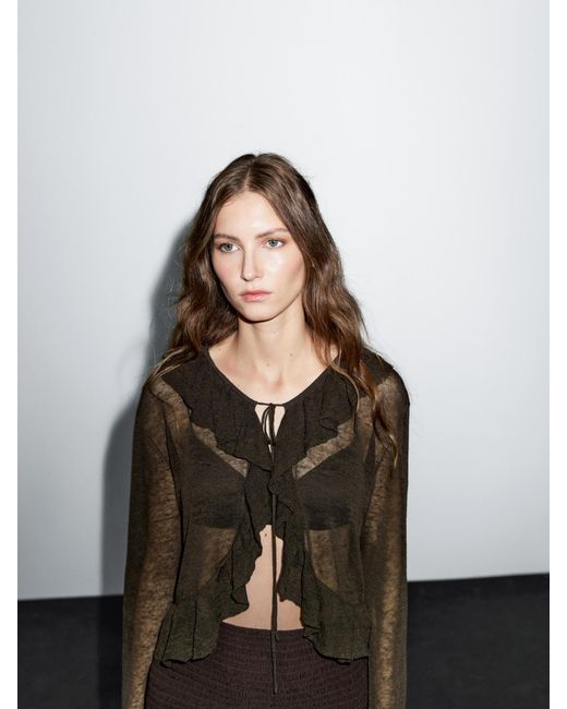 MASSIMO DUTTI Black Linen Blend Ruffled Cardigan