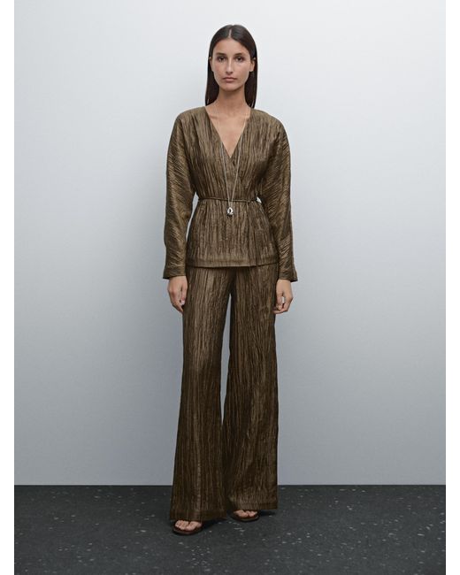 MASSIMO DUTTI Green Kimono With Tie And Fabric Detail