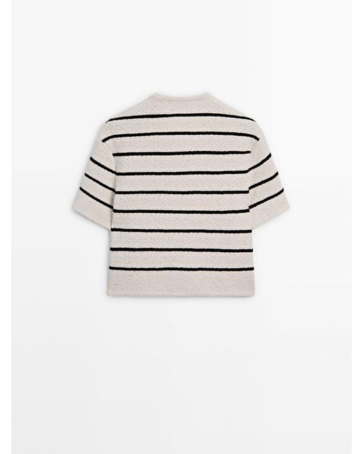 MASSIMO DUTTI White Striped Short Sleeve Textured Knit Cardigan
