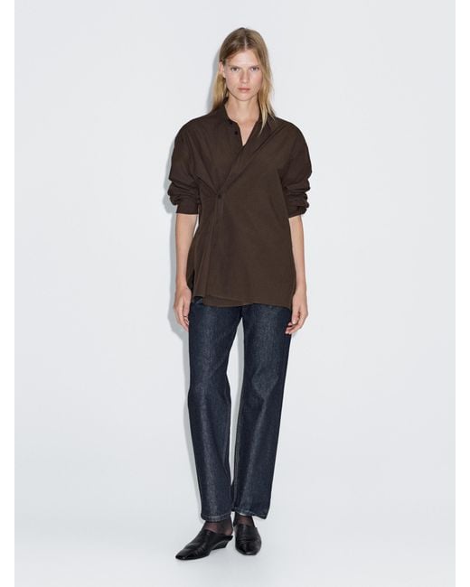 MASSIMO DUTTI Brown Asymmetric Button-Up Poplin Shirt