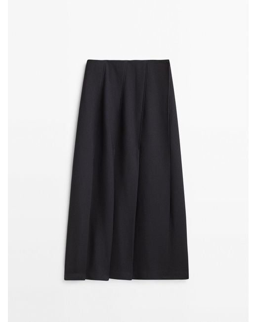 MASSIMO DUTTI Navy Blue Box Pleat Midi Skirt in Black | Lyst