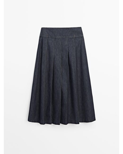 MASSIMO DUTTI Blue Denim Flounce Midi Skirt With Seams
