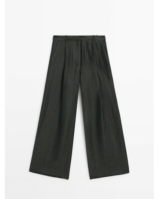 MASSIMO DUTTI White Linen Blend Trousers With Pleated Details