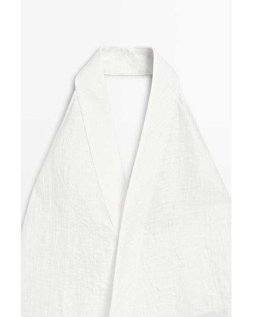 MASSIMO DUTTI White Linen Blend Crossover Halter Top