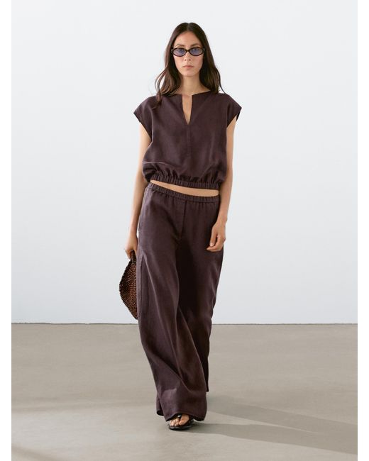 MASSIMO DUTTI Brown Linen Blouse With Elasticated Hem