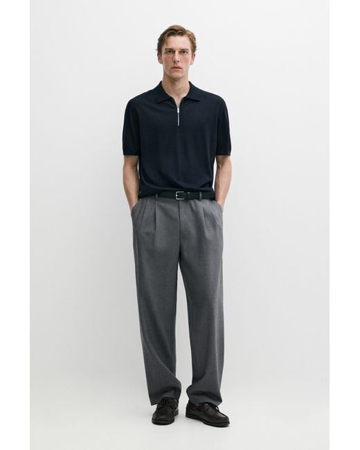 MASSIMO DUTTI Blue Wool Blend Zip-Detail Polo Shirt for men