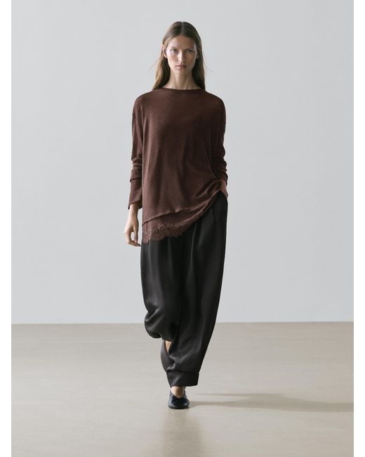 MASSIMO DUTTI Brown Long-Sleeved T-Shirt With Lace Detail
