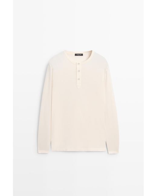 MASSIMO DUTTI White 100% Cotton Long Sleeve Henley T-Shirt for men