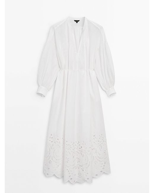 MASSIMO DUTTI White 100% Cotton Dress With Embroidered Detail