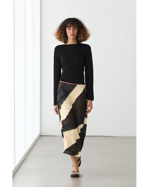 MASSIMO DUTTI Black Layered Contrast Linen Midi Skirt